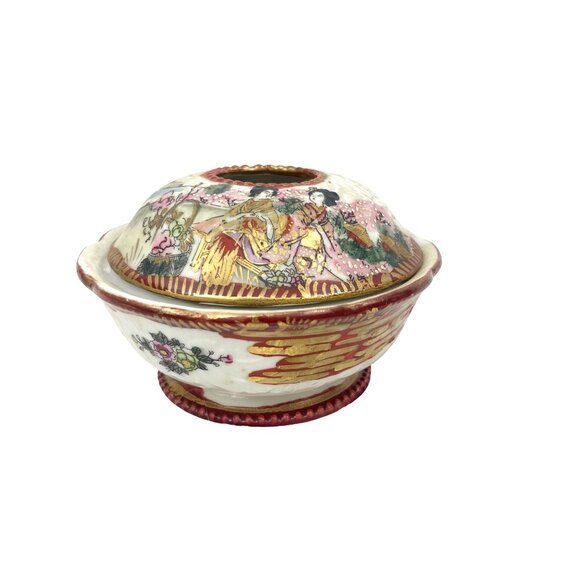 Antique Hand Painted Japanese Kutani Covered Rice Bowl With Lid Intricate Geisha - Picture 2 of 11